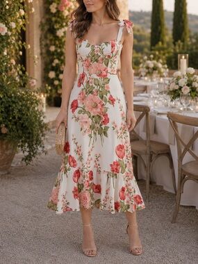 Floral Tie-Shoulder Midi Dress in White with Pink Blooms